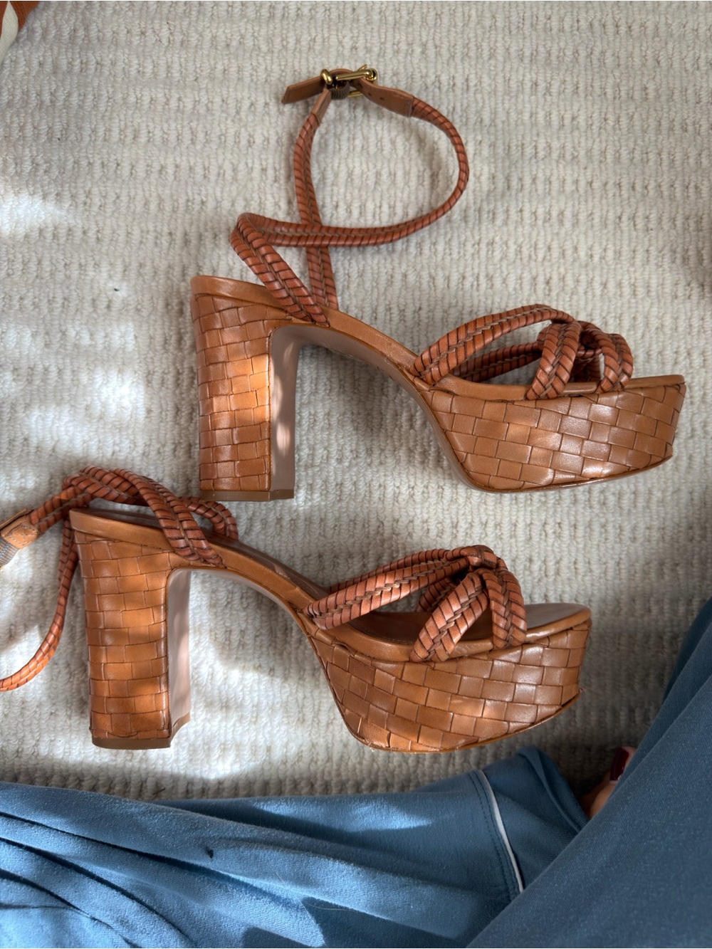 SCHUTZ Woven Cognac Braided Block Heel Sandals - Picture 6 of 6